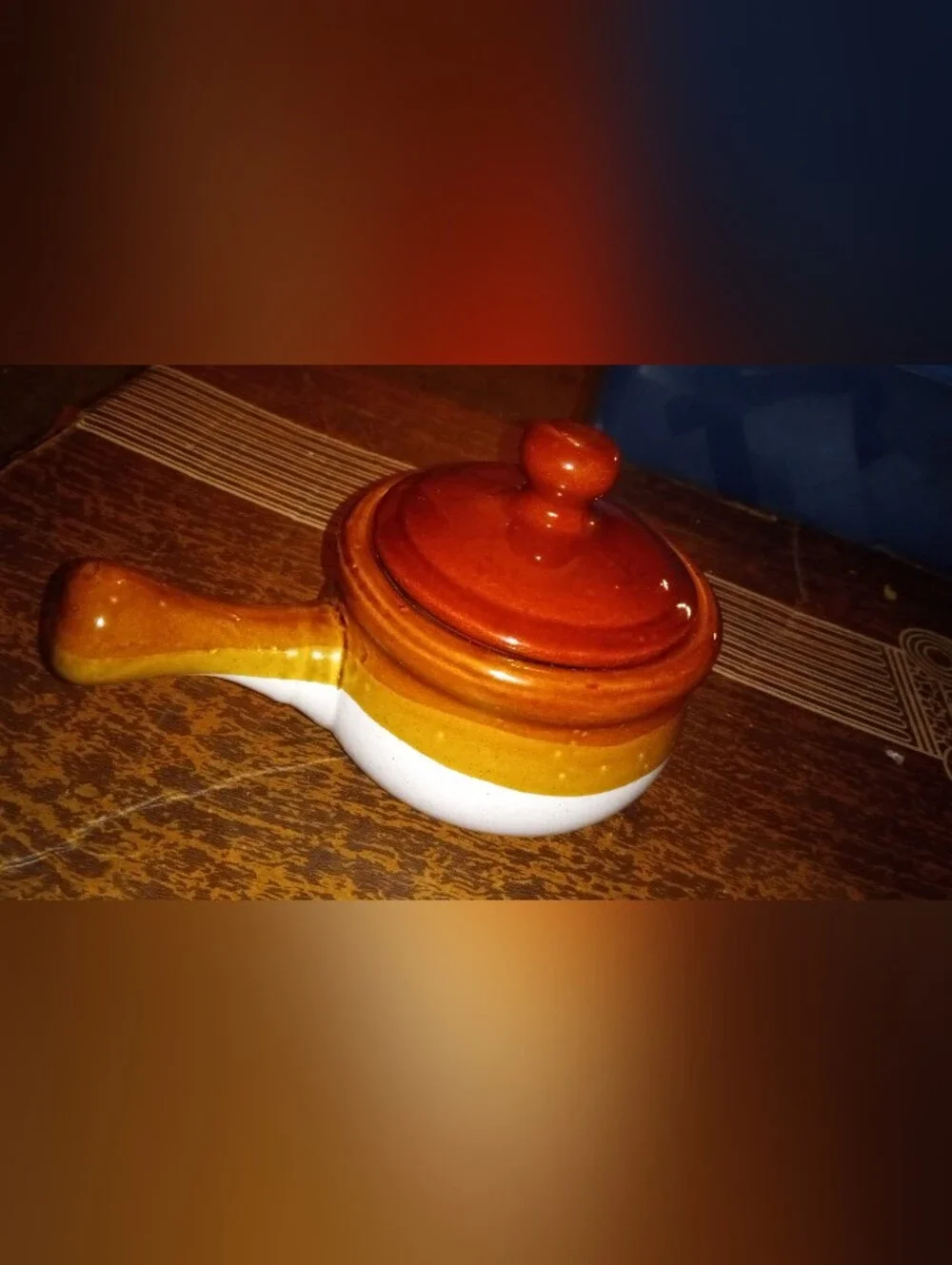 Vintage-style, tri-color glazed stoneware French onion soup crocks